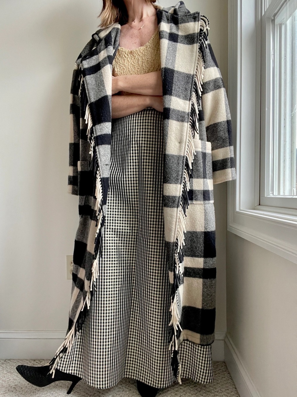 Vintage LL Bean Wool Plaid Long Coat with Fringe Size Medium 90s Black & White